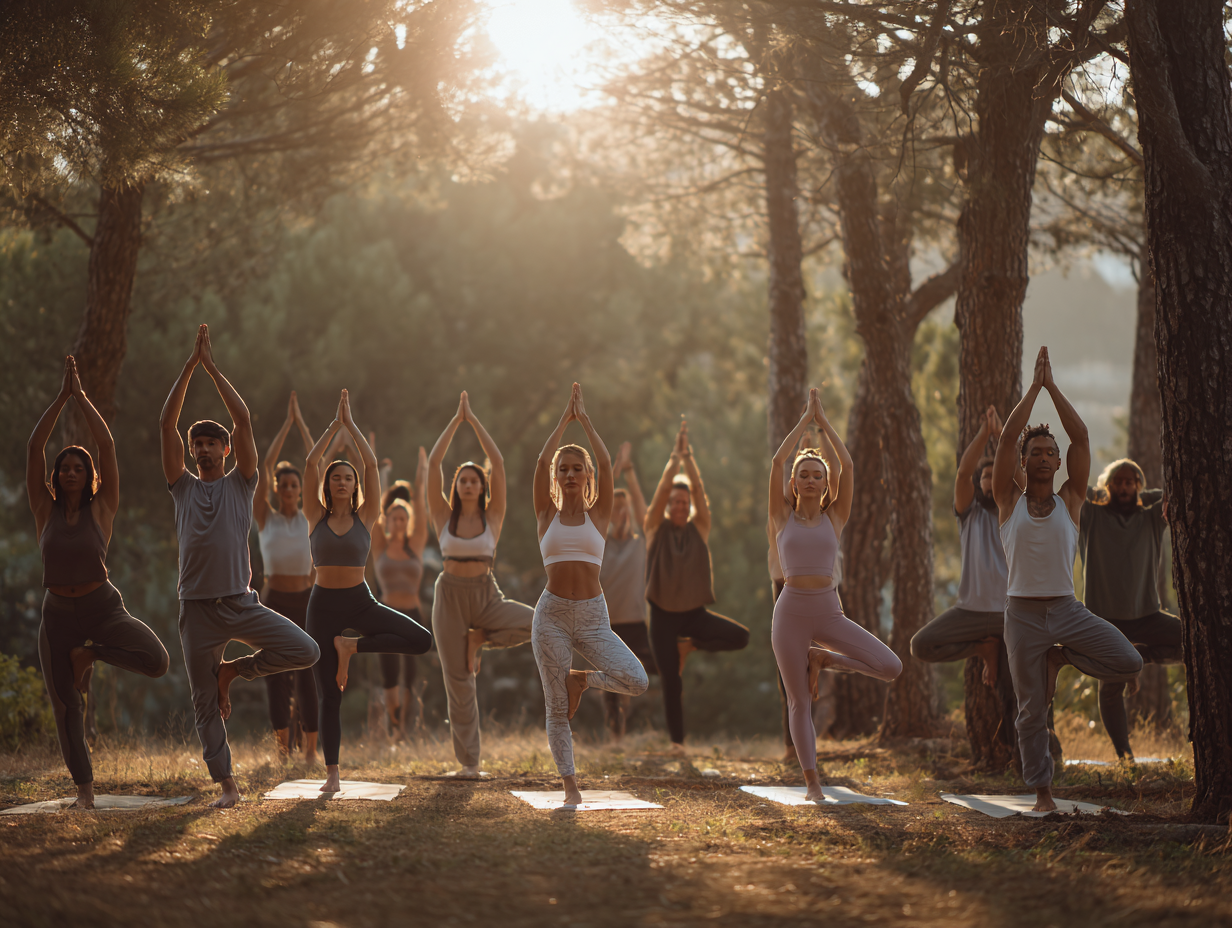 Persona practicando yoga en posición de loto con vista al amanecer